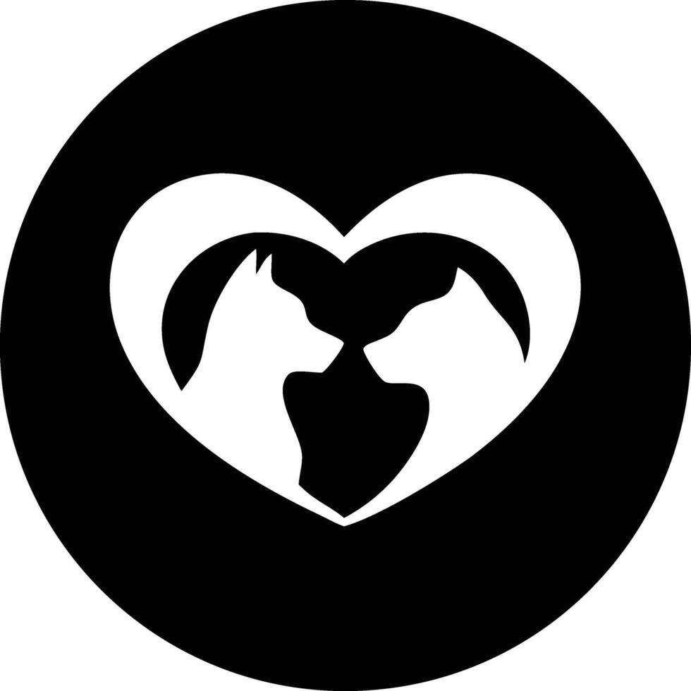 White silhouette of a cat and dog inside a heart on black circle vector