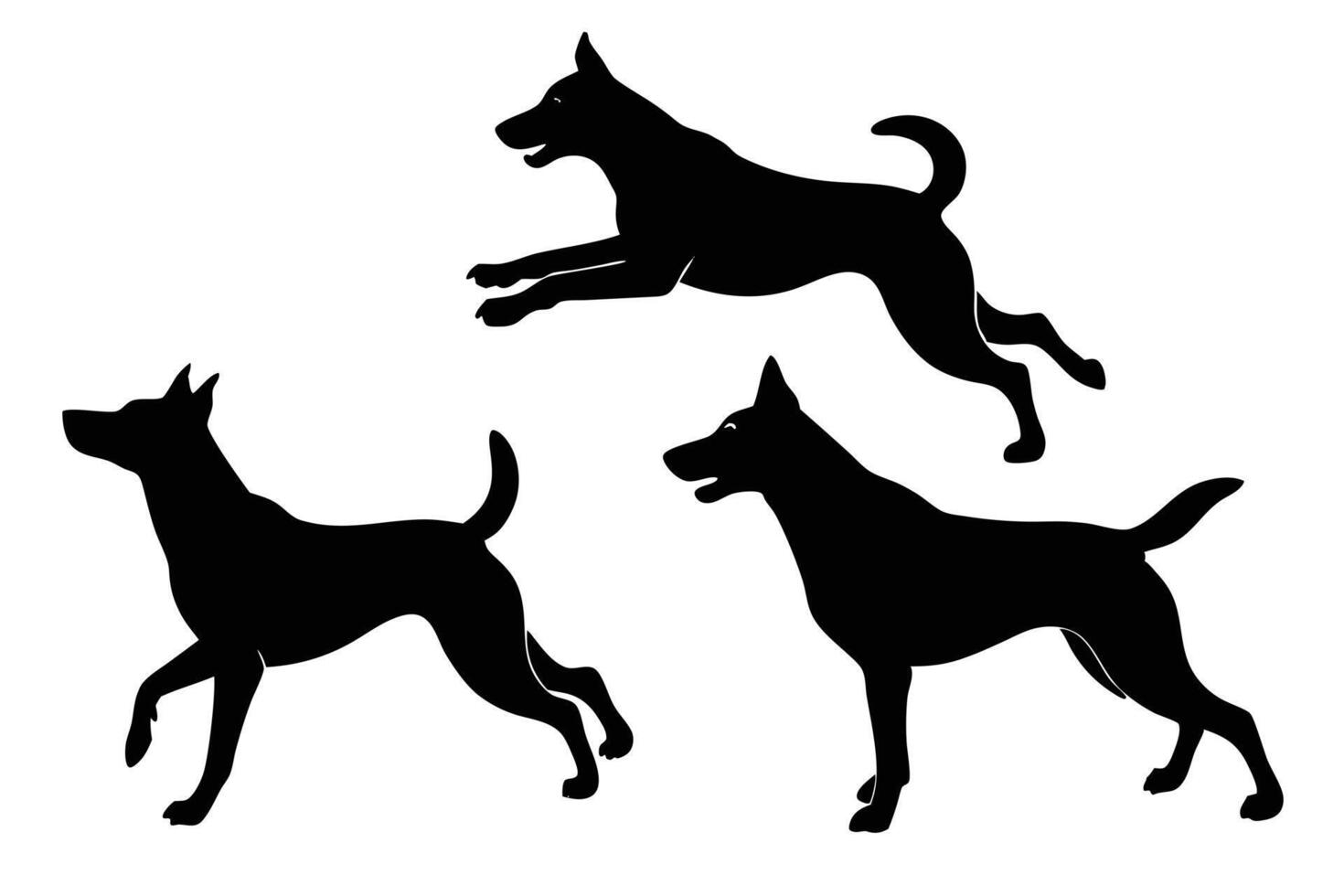 Three canine silhouettes show a dog jumping, another standing, and the last walking vector