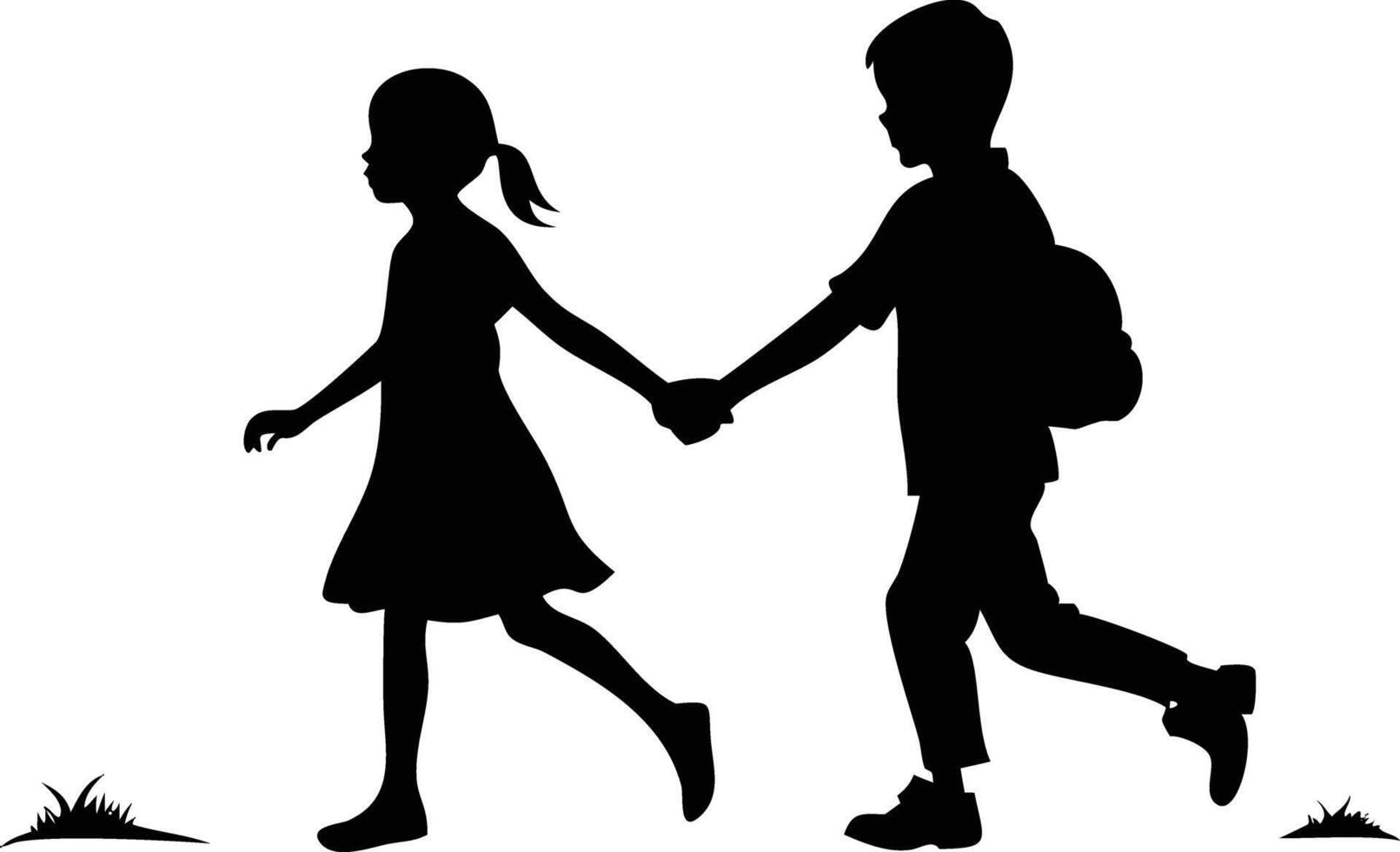 Black silhouette shows a girl and a boy walking together while holding hands happily vector