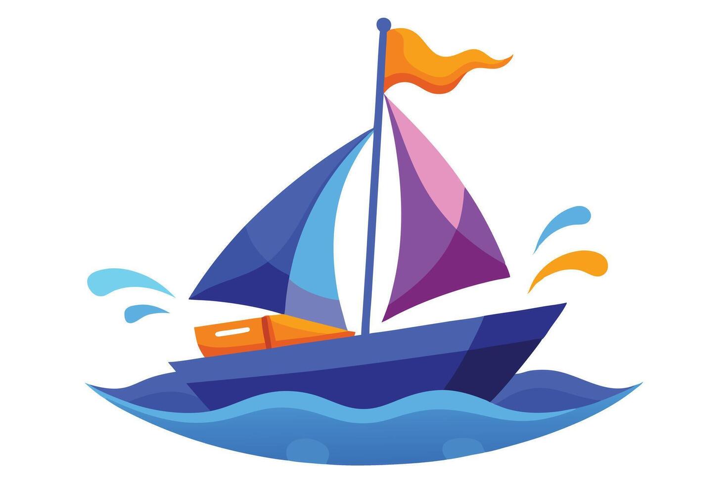 Colorful sailboat with blue and purple sails glides smoothly on the wavy water surface vector