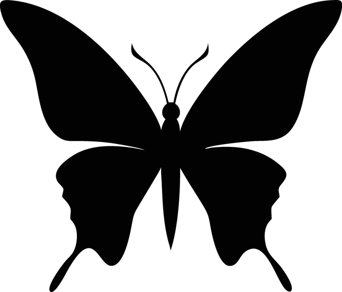 A striking black butterfly silhouette elegantly unfolds its symmetrical wings against a stark white backdrop vector