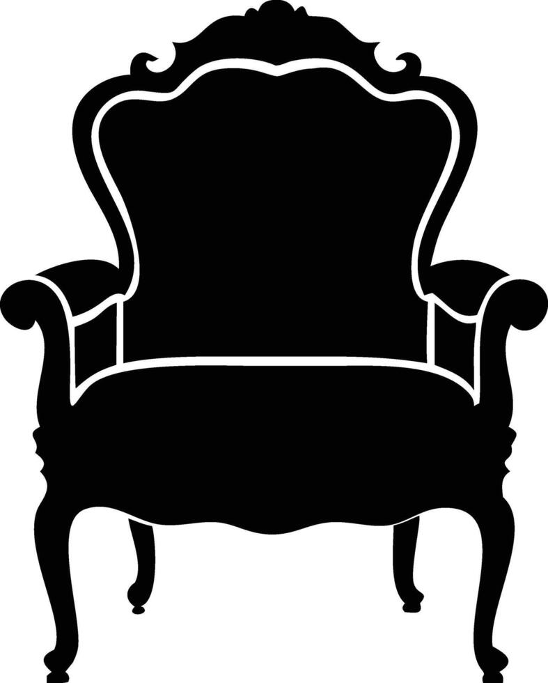 Silhouette of a black regal chair features an elaborate decorative form and design vector