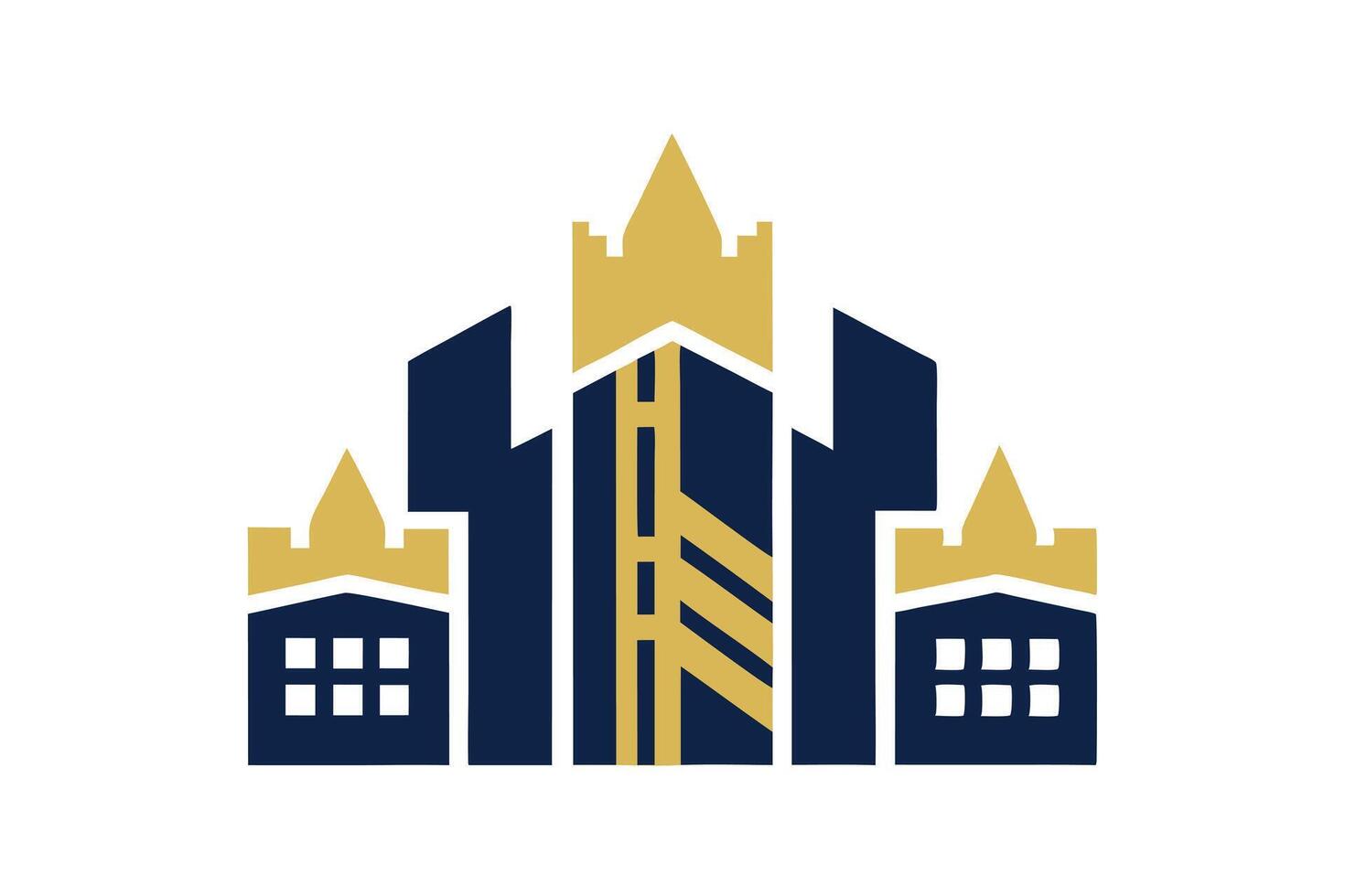 Elegant navy building rises with golden roof detailing, creating a stately architectural emblem vector