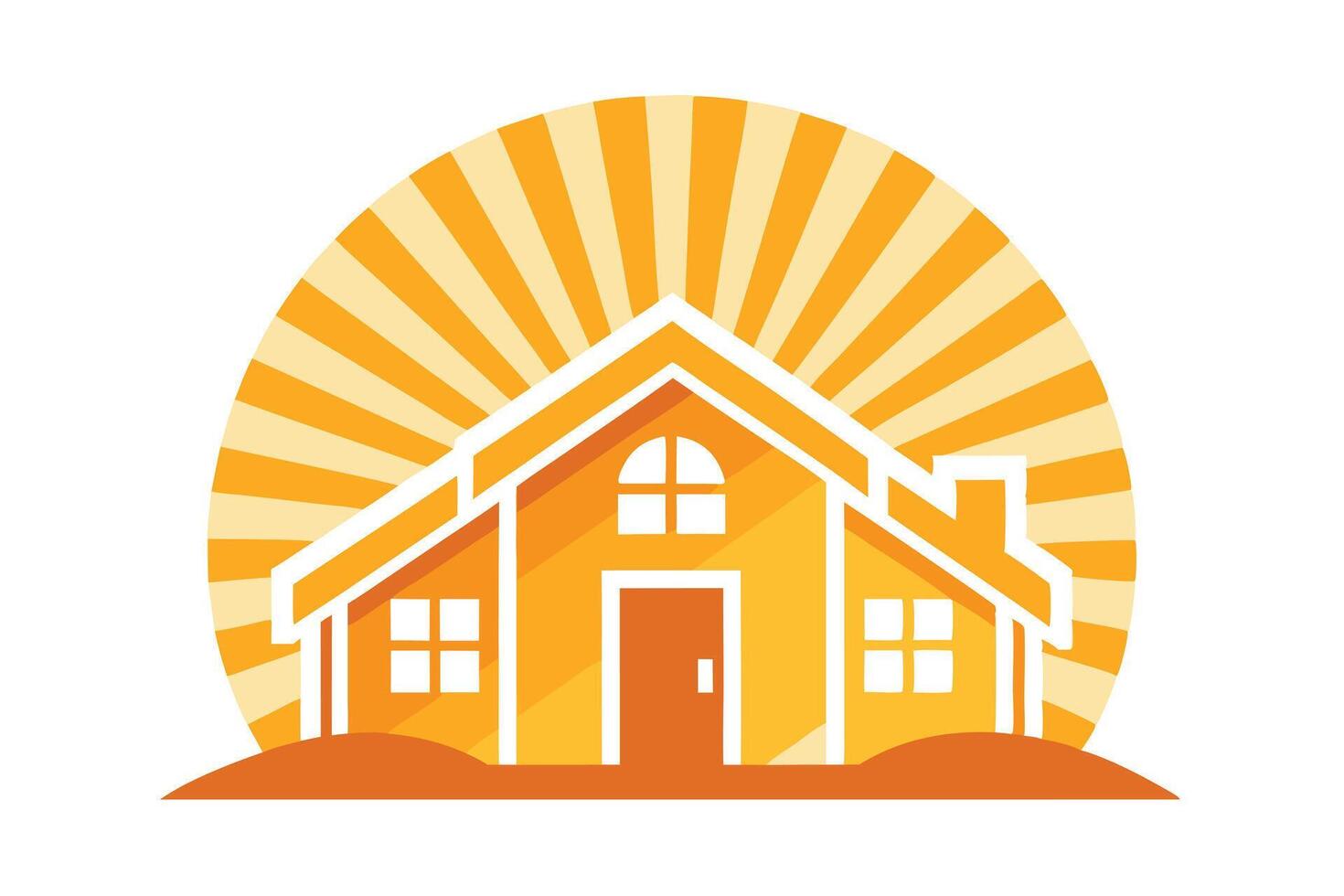 A cheerful yellow home stands proudly against a backdrop of sunbeams, simple, minimal vector