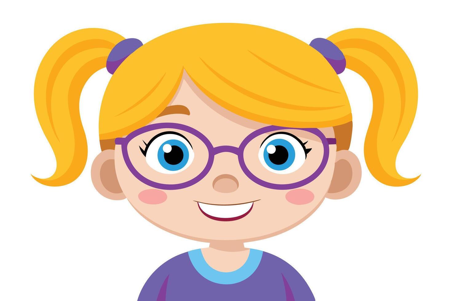 Blond girl with pigtails and purple glasses gives a cute, bright smile vector