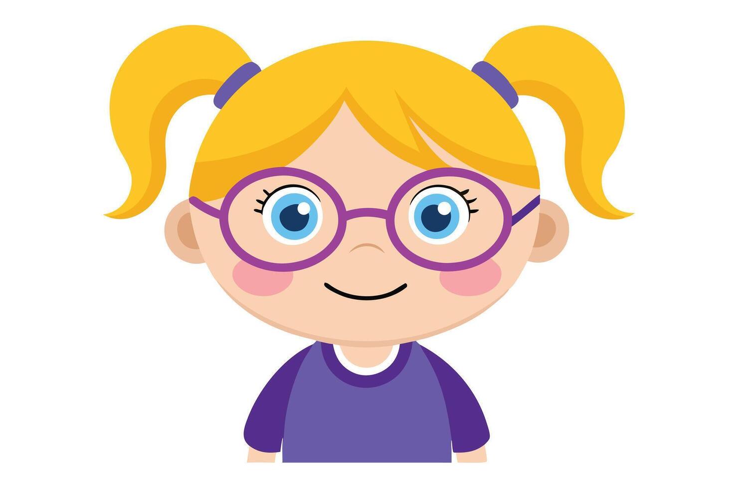Smiling blonde little girl with pigtails and purple glasses looks directly forward innocently vector