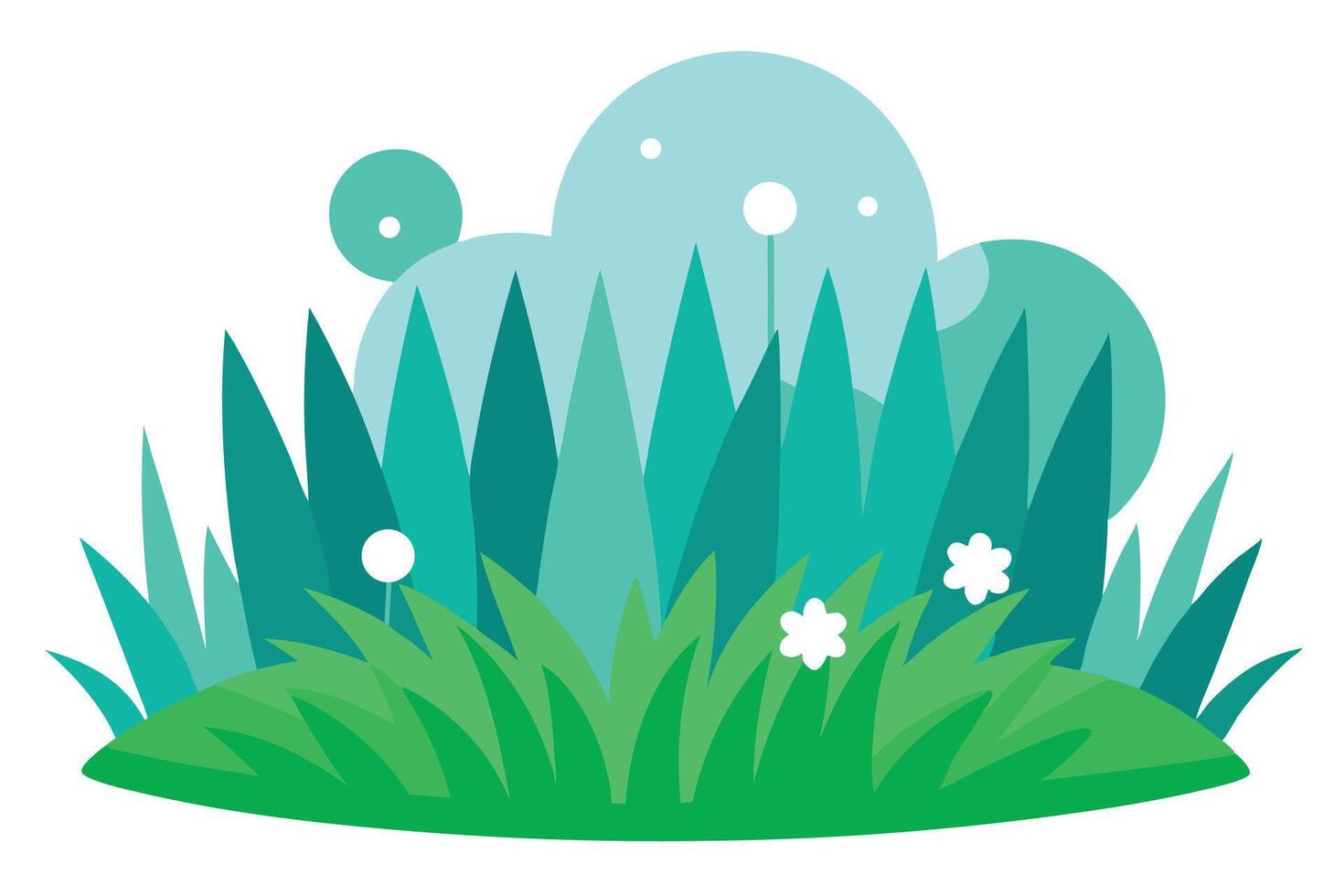 Green meadow scenery with flowers and plants featuring light blue color circles above the meadow vector