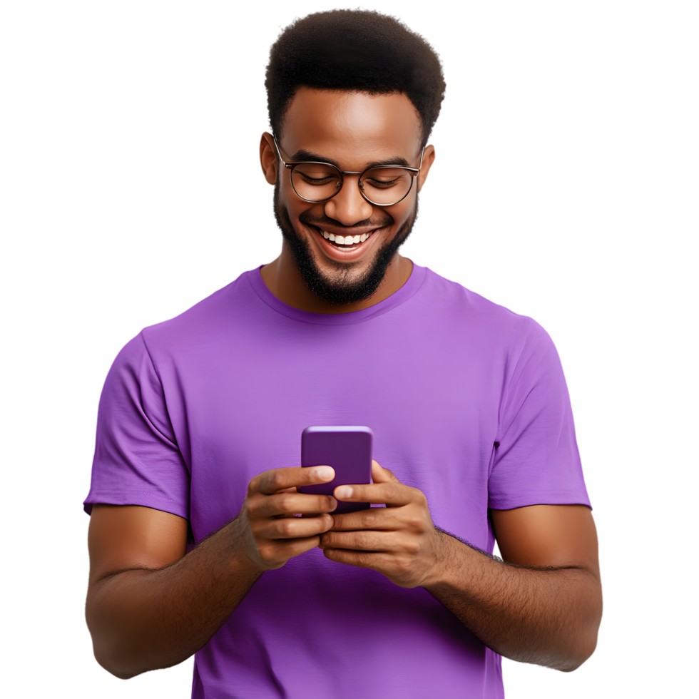 Man in Purple Shirt Smiling at Phone on Transparent Background png