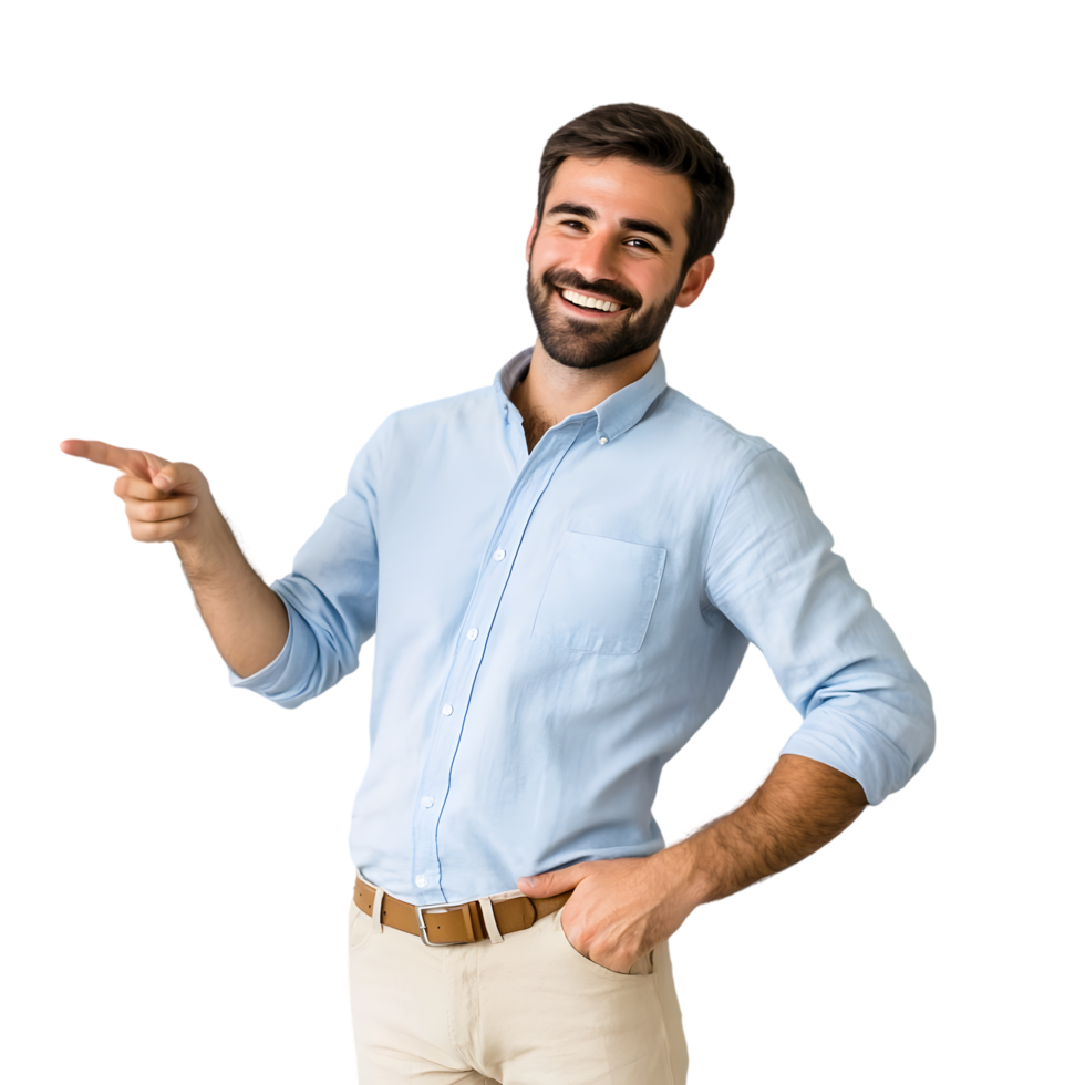 Smiling Man Pointing Sideways in Blue Shirt and Beige Pants on Transparent Background png