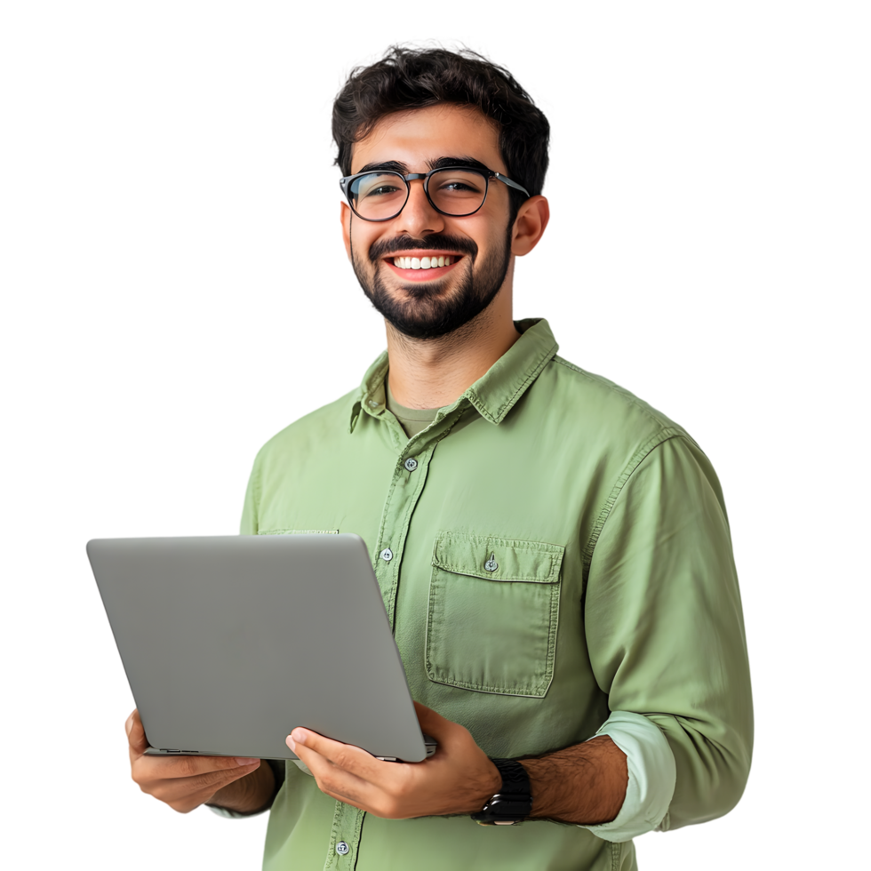Happy Man in Green Shirt with Laptop on Transparent Background png
