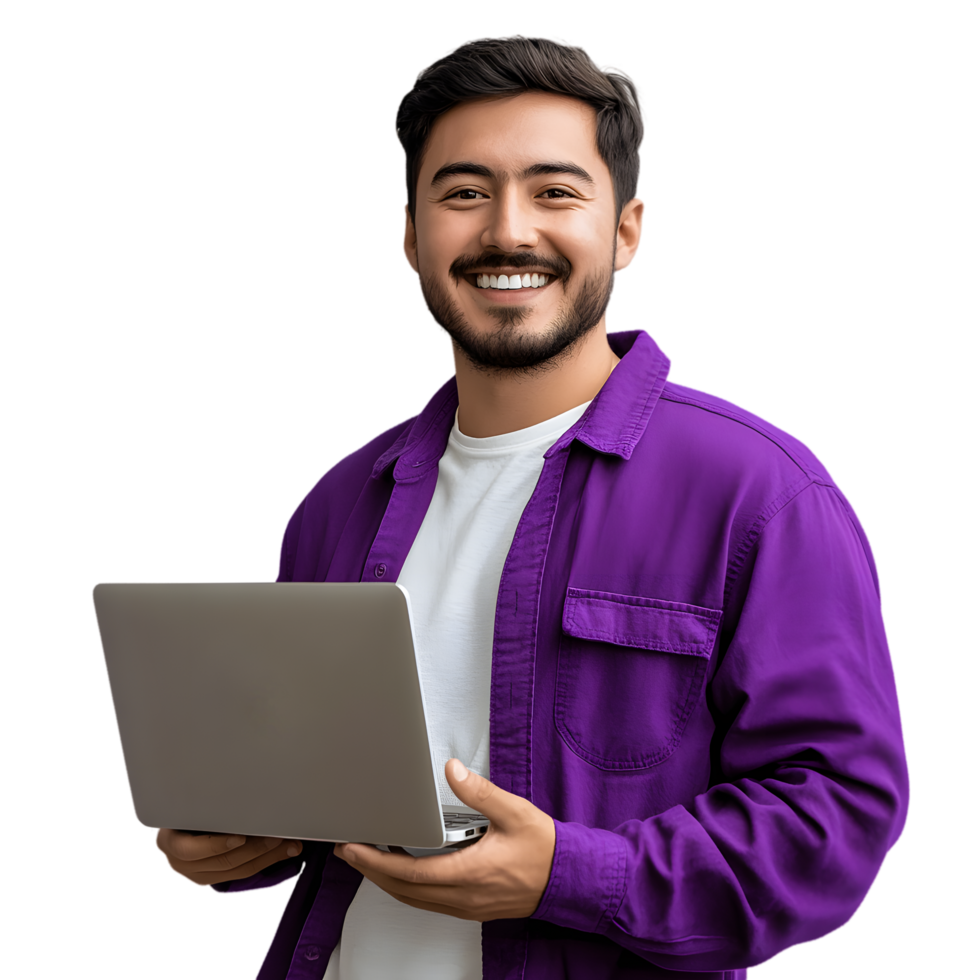 Happy Man in Purple Shirt with Laptop on Transparent Background png
