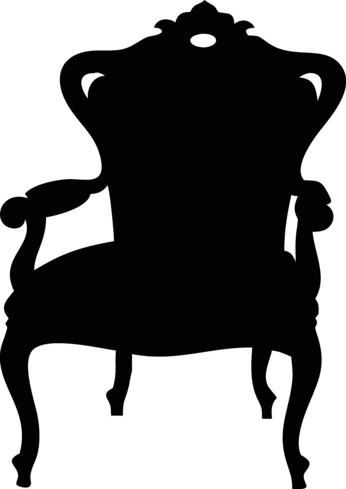 Ornate armchair in black silhouette showcases vintage furniture isolated against a white backdrop vector