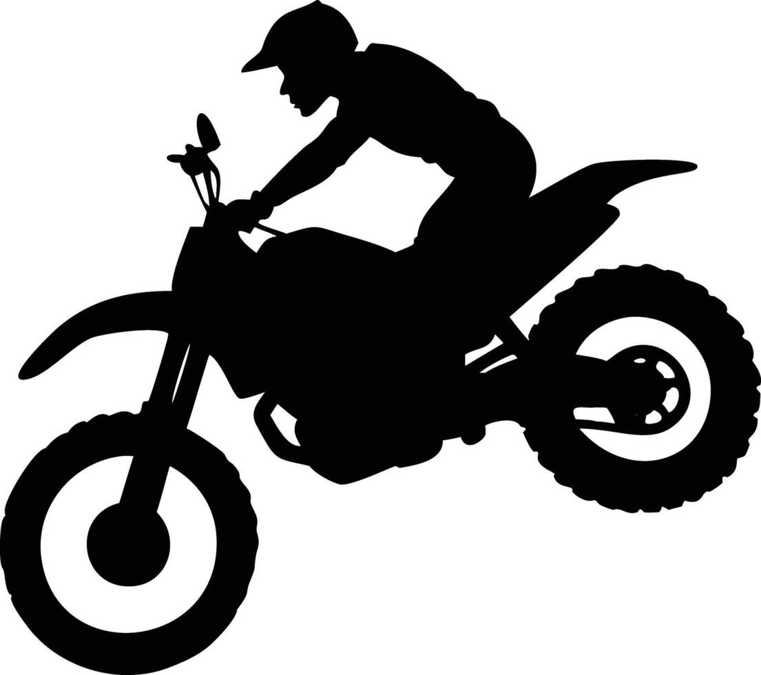 Silhouette presents person wearing hat driving a motocross bike doing a wheelie gracefully vector