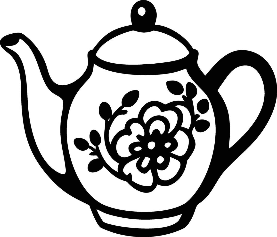 Black teapot adorned with a floral design sits gracefully against a white backdrop vector
