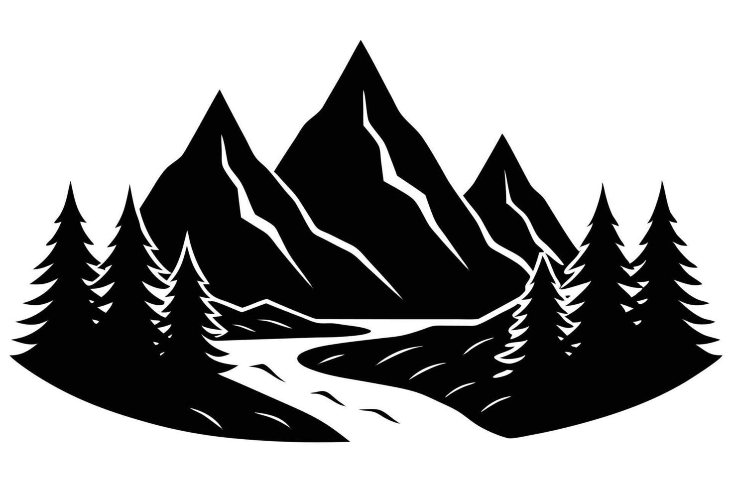 Stark monochrome mountains ascend above a winding river, framed by towering coniferous trees in silhouette vector