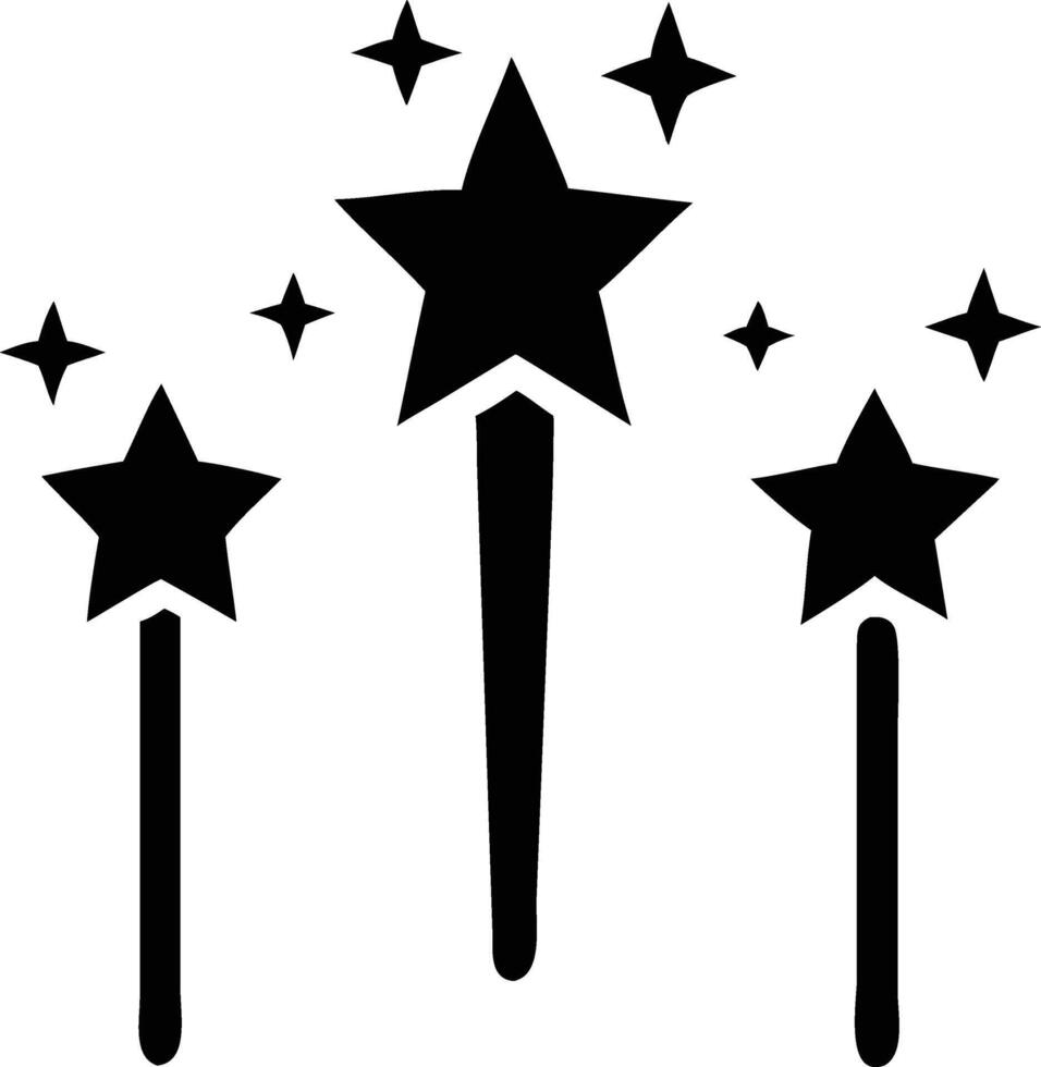 Three simple black magic wands are casting various star spells upward on white vector