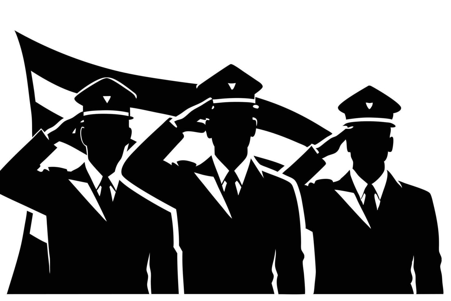 Three uniformed men salute before a flag, showing respect in a monochromatic silhouette vector