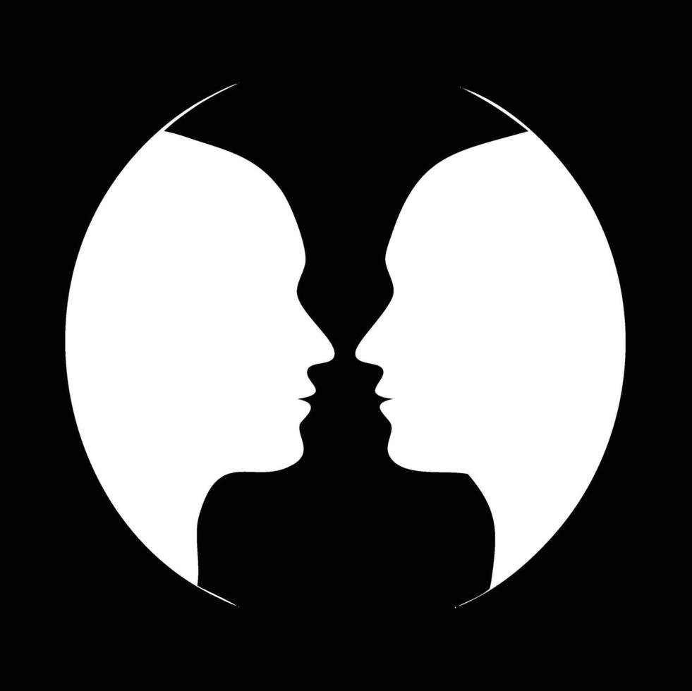 Inverted face silhouettes create a minimalist optical illusion against a black background for a modern art piece vector