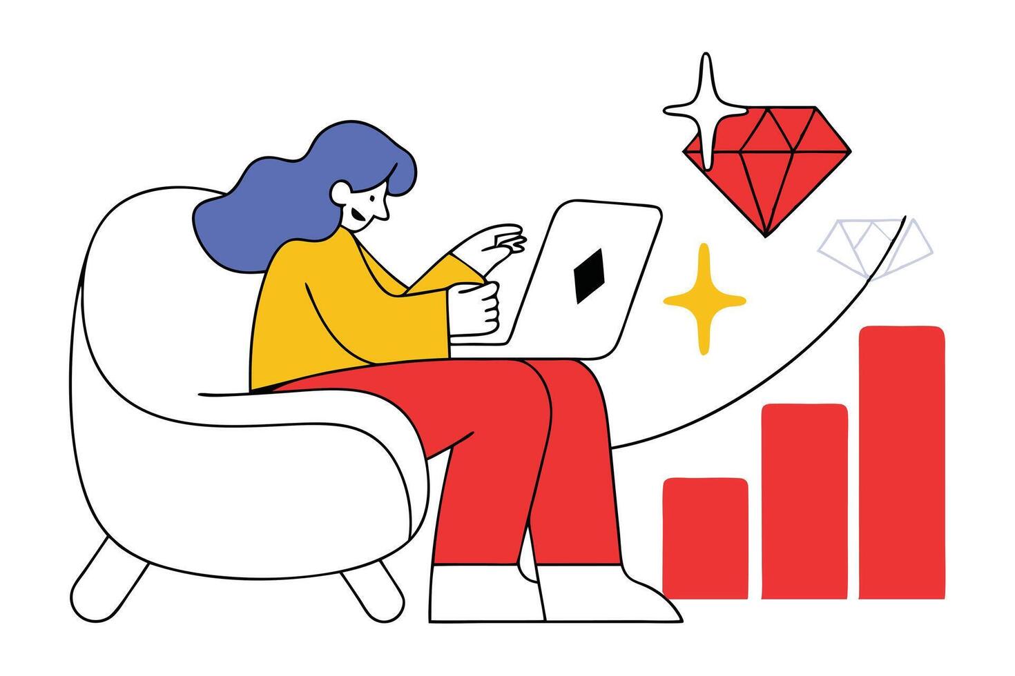 Woman with purple hair uses a laptop near a rising bar graph and diamonds vector