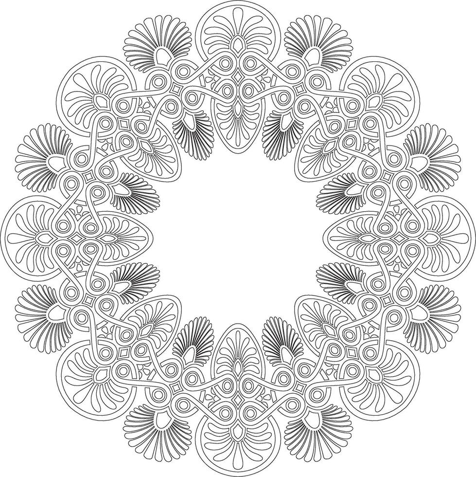 black monochrome classic Greek round outline ornament. Circle of Ancient Greece and the Roman Empire. Byzantine painting of walls, floors and ceilings. Decor of European palaces vector