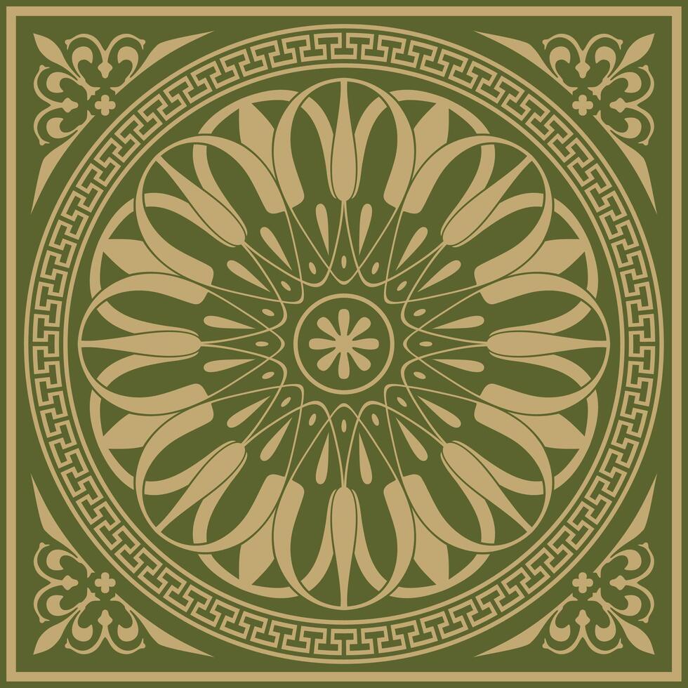 gold with green classic Greek square ornament. Rectangle of Ancient Greece and Roman Empire. Byzantine painting of walls, floors and ceiling vector