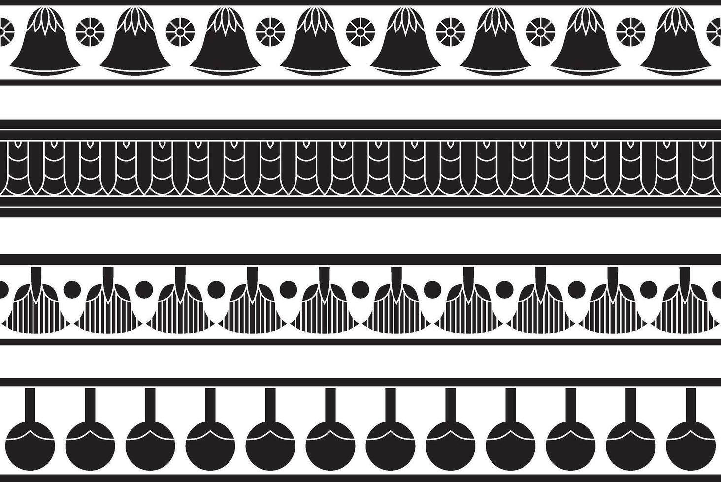 set of black monochrome seamless Egyptian borders. Endless Ornaments of Ancient Egypt vector