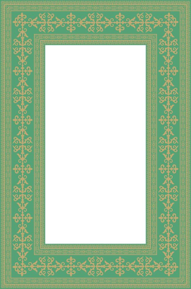 gold with green square Kazakh national ornament. Ethnic pattern of Great Steppe, vector