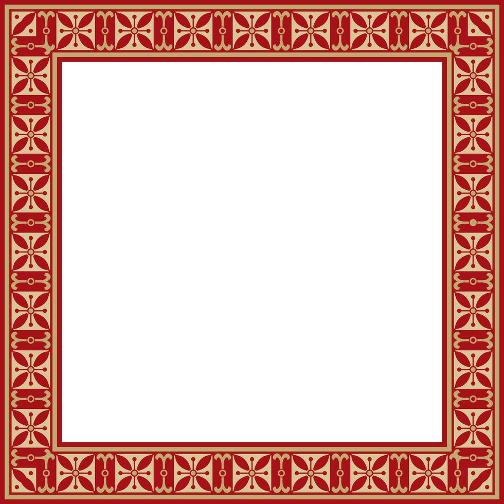 square European gold with red ornament. Rectangular pattern, circle, ring of the Middle Ages. Revival border. Decorations of palaces and church vector