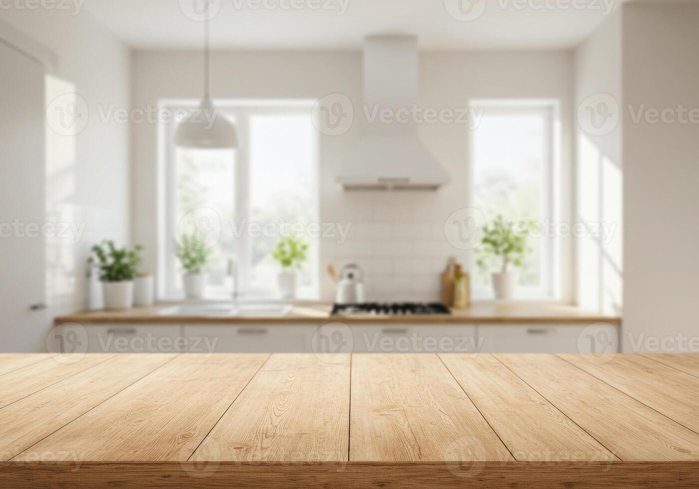 Empty wooden table in kitchen with white walls and windows photo