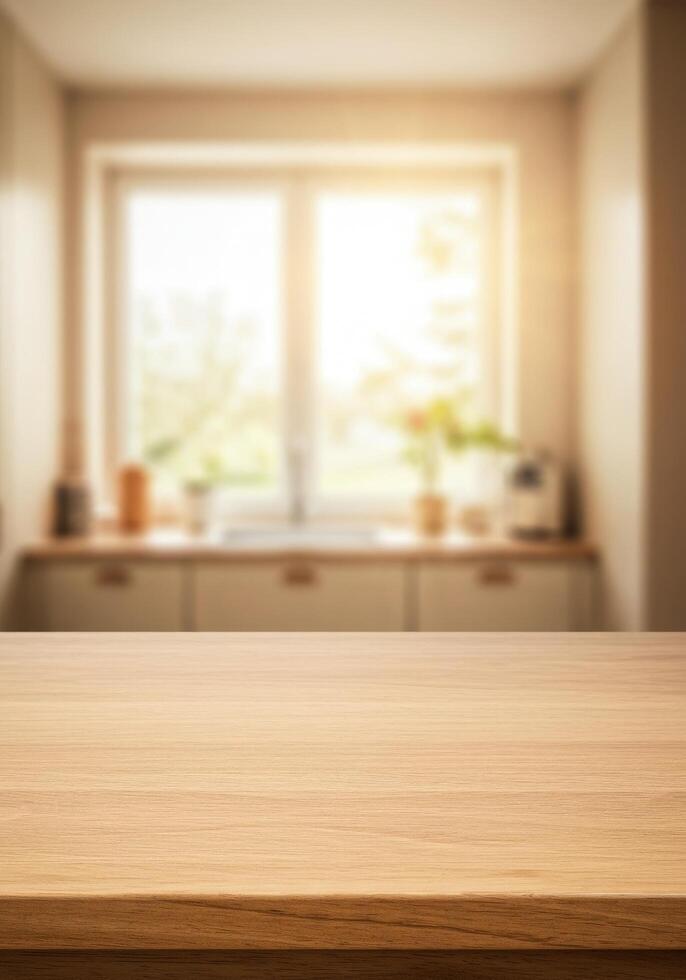 Empty wooden table top in front of kitchen with sunlight photo