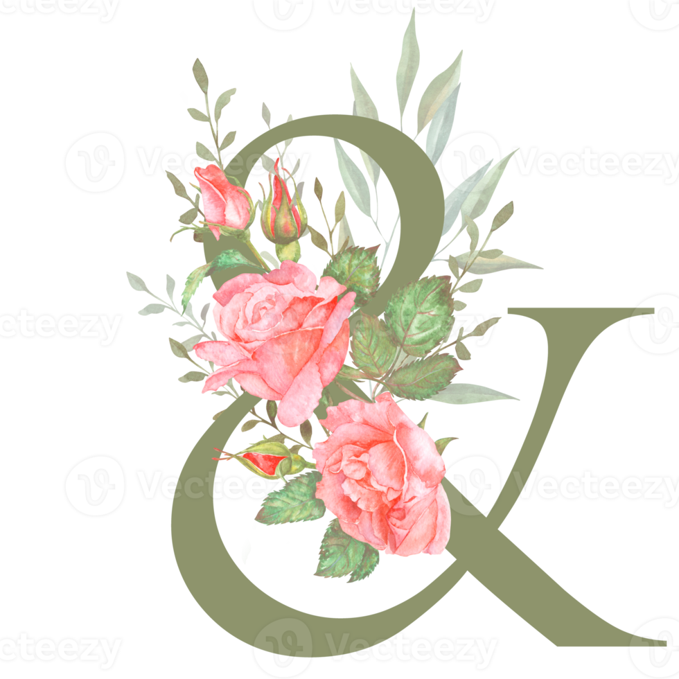 Hand painted watercolor floral alphabet - letter AND. The letter of the alphabet is olive colored and decorated with watercolor roses. Wedding, birthday, children's party, any creative ideas. png