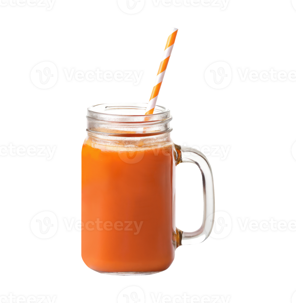 Orange carrot smoothie or juice in glass jar with straw on a transparent background drinks design png