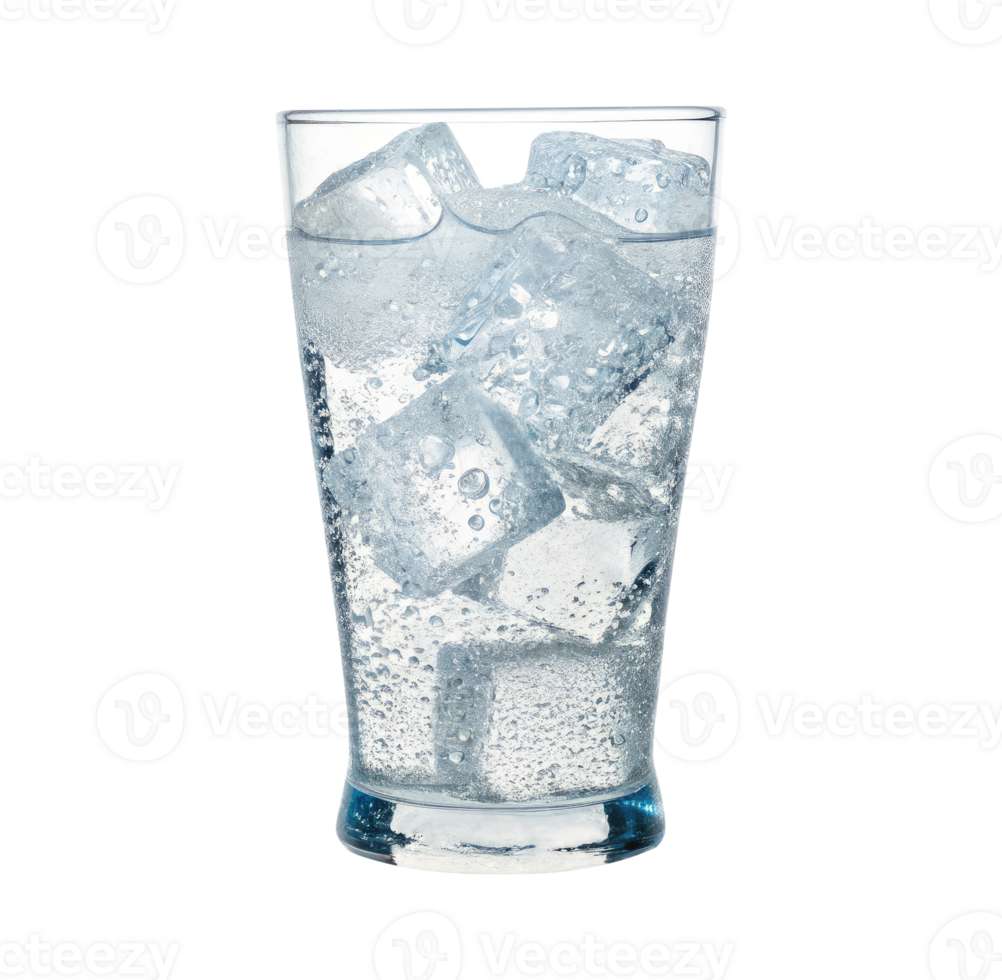 Carbonated sparkling soda water with bubbles and ice cubes on a glass on a transparent background drinks design png