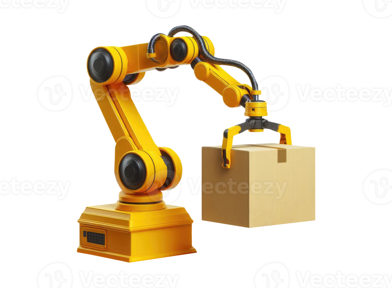 Yellow industrial AI robot arm lifting a cardboard box on transparent background artificial intelligence concept png