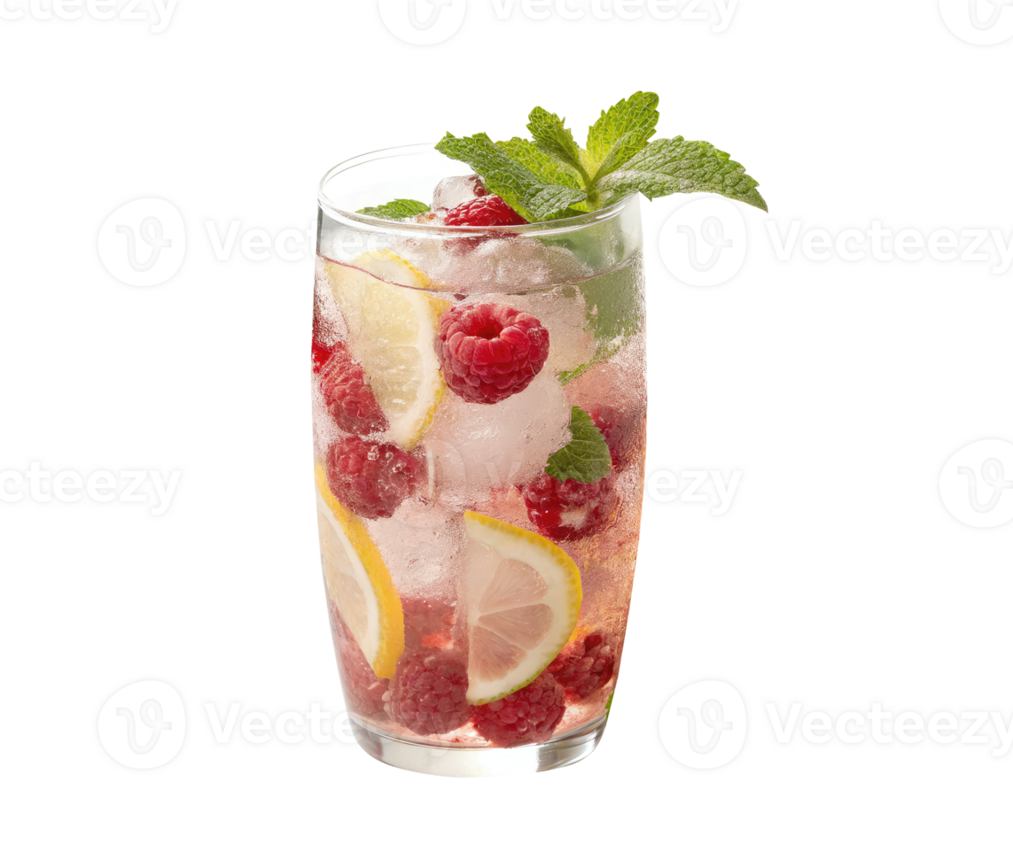 Raspberry lemonade with lemon slices and raspberries, mint , ice cubes on a transparent background drinks design png