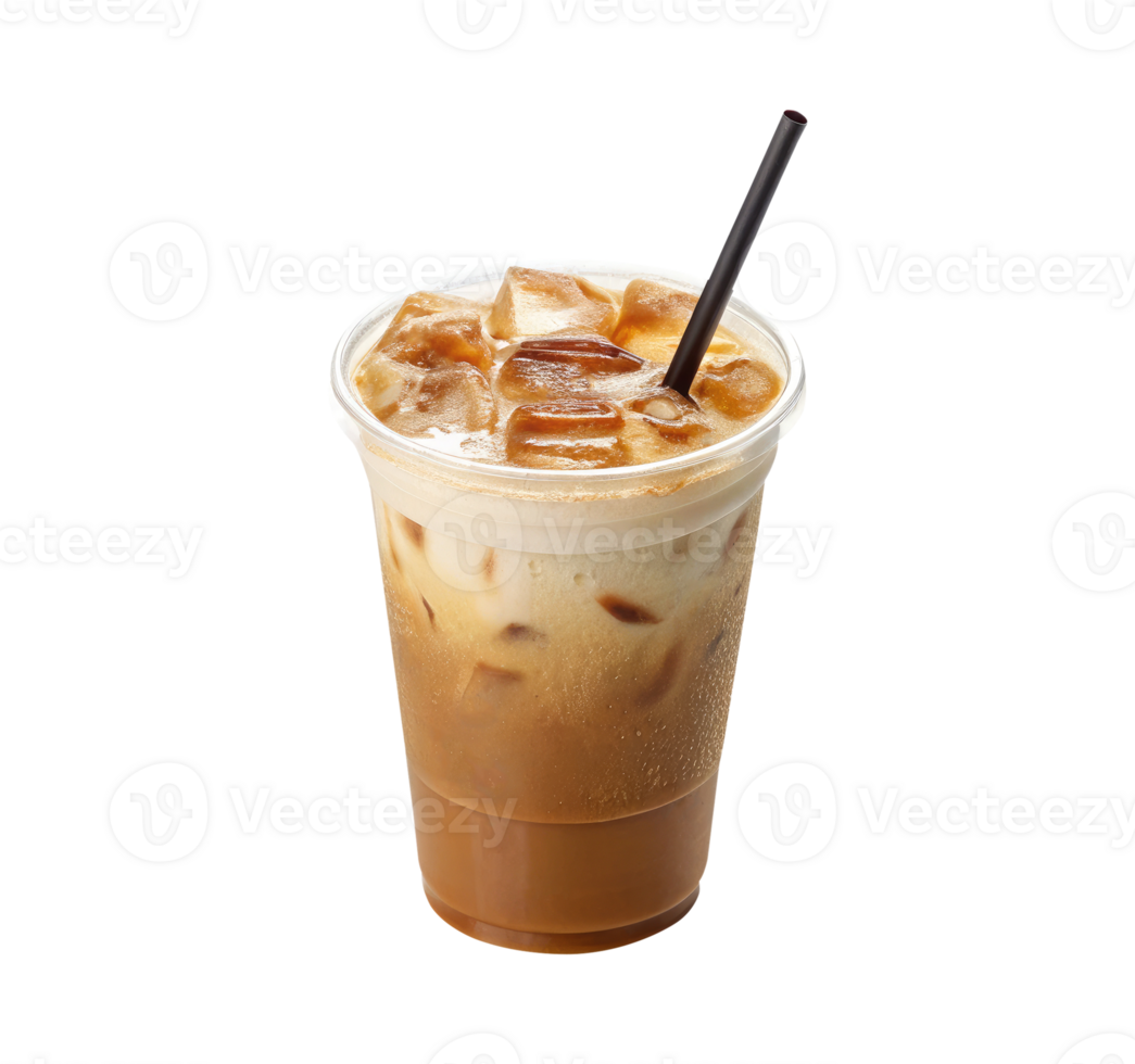Iced caramel macchiato with straw served in a plastic cup on a transparent background drinks design png