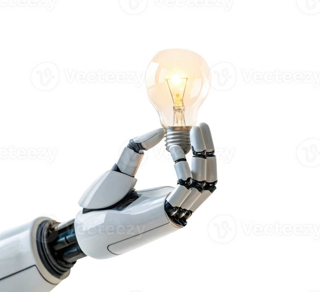 Ai robot hand holding glowing lightbulb on a transparent background artificial intelligence Innovation Concept png