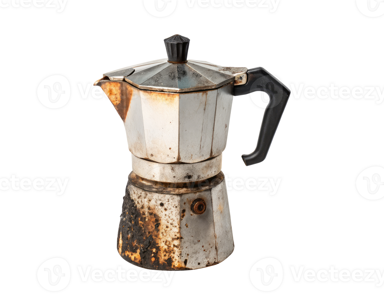 Old used and burned italian coffee maker moka pot on a transparent background drinks design png