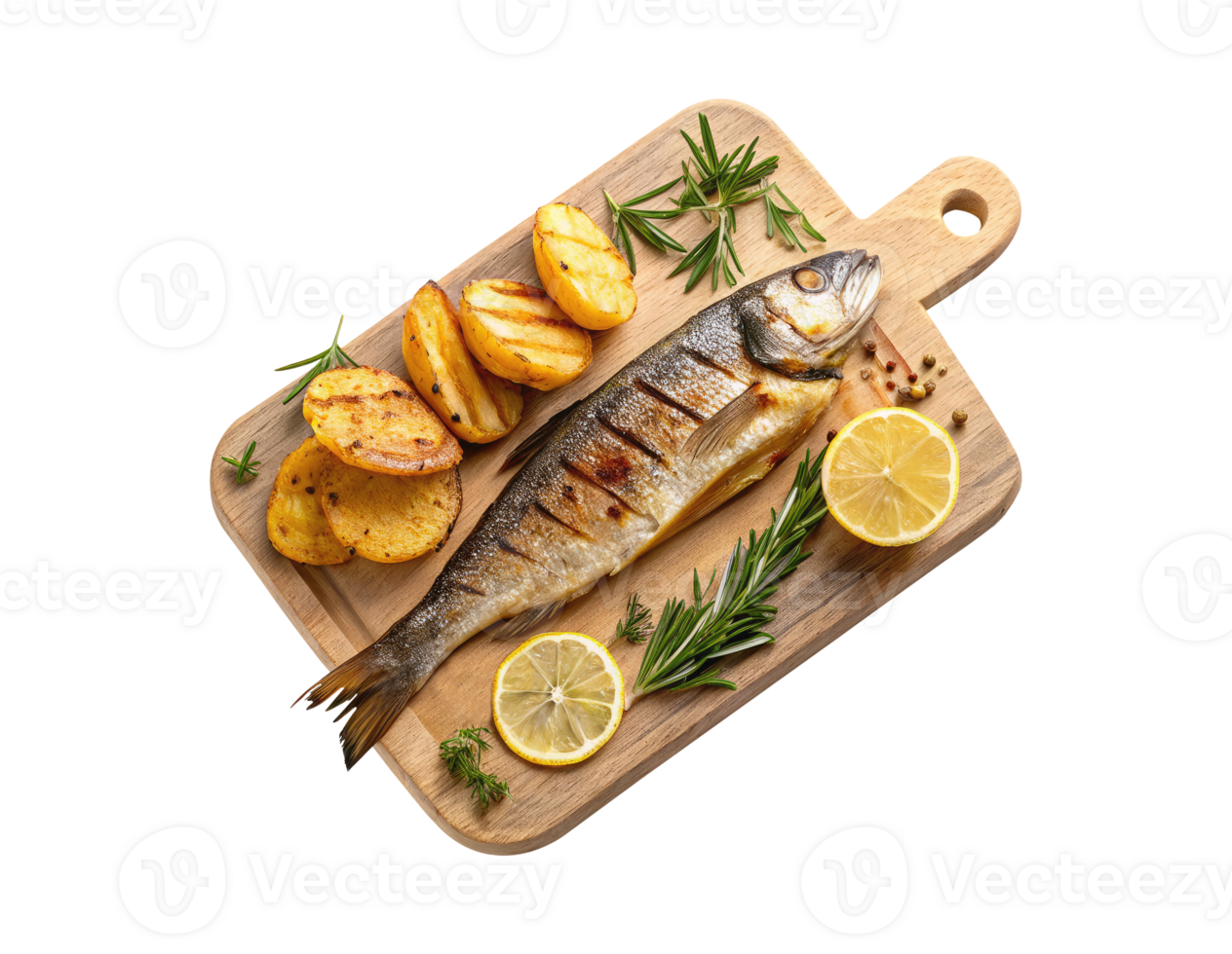Cocked seabass fish with potatoes, rosemary, and lemon on a cutting board on a transparent background food design png