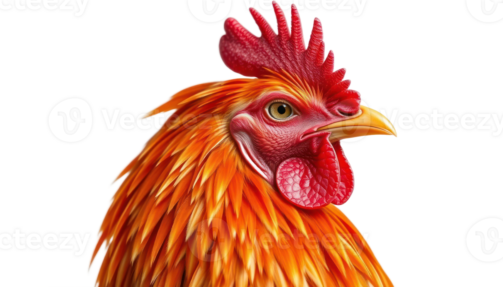 Closeup Of A Rooster Head Profile, Vivid Red And Orange Feathers, Detailed png