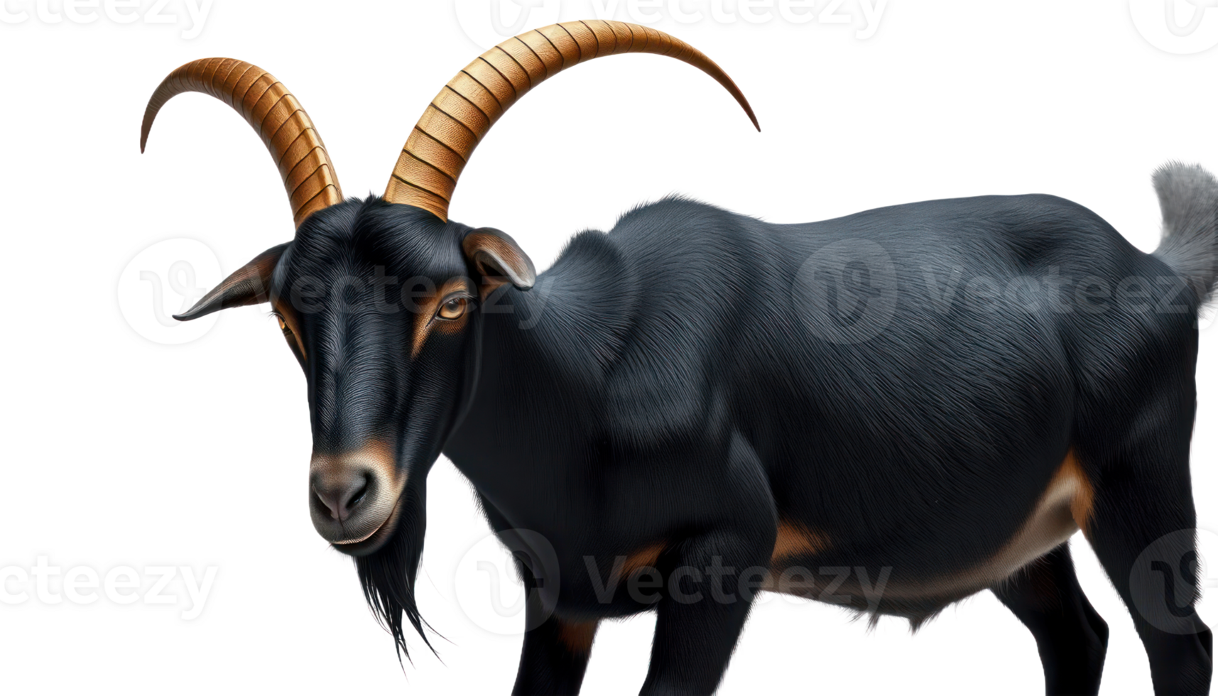 Black Goat With Long Curved Horns On Transparent Background png