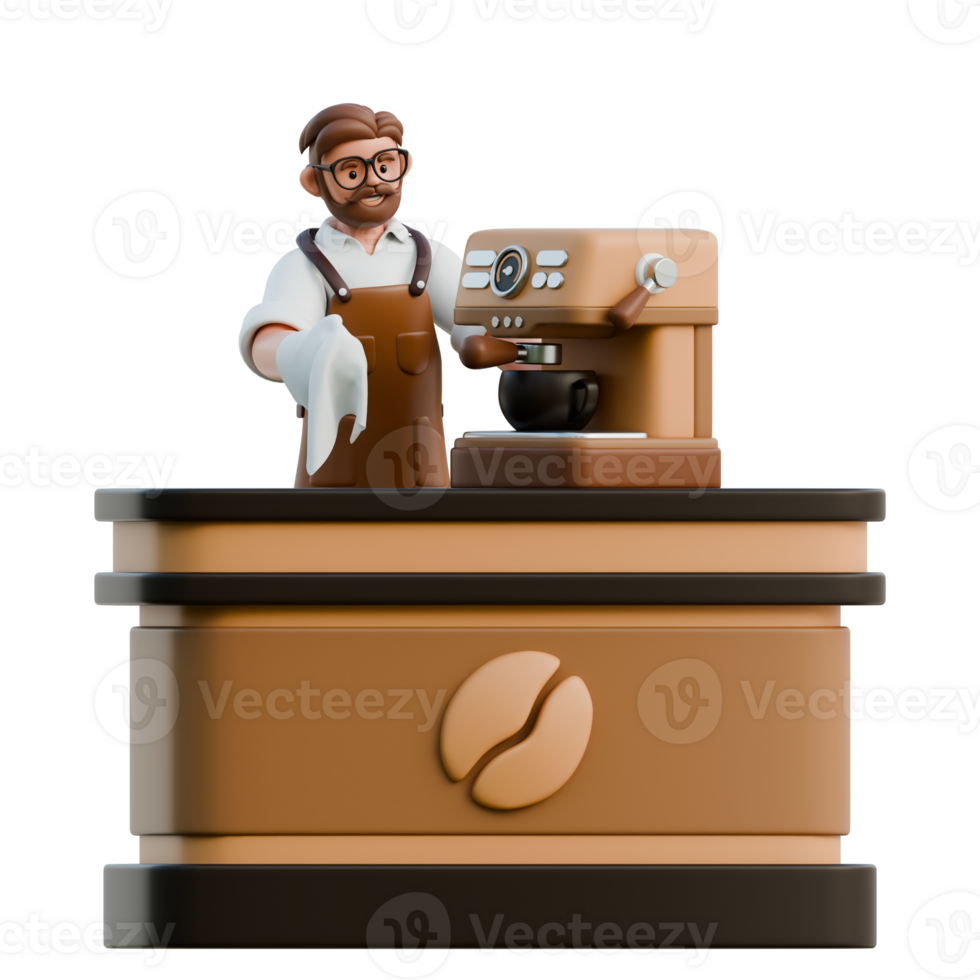 3D Barista Character at Coffee Stand png