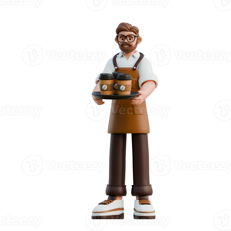 3D Barista Character Serving Coffee png