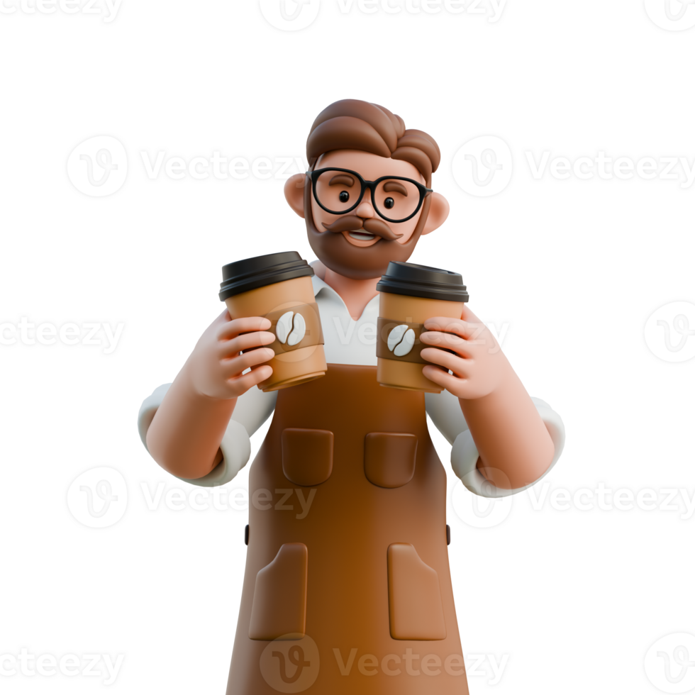 3D Barista Character Holding Coffee Cups png