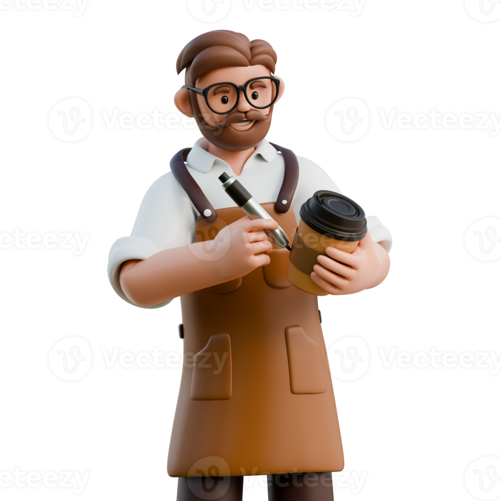 3D Barista Character Writing on a Cup png