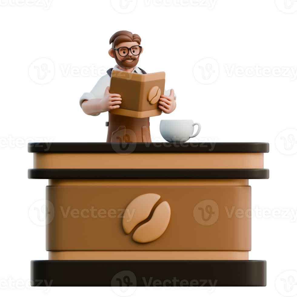 3D Barista Character Reading a Coffee Menu png