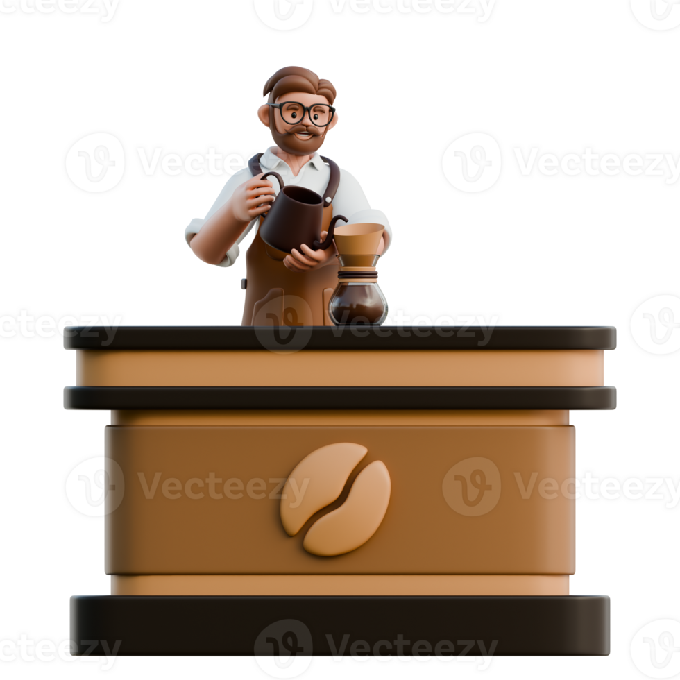 3D Barista Character Preparing Coffee Dripping png