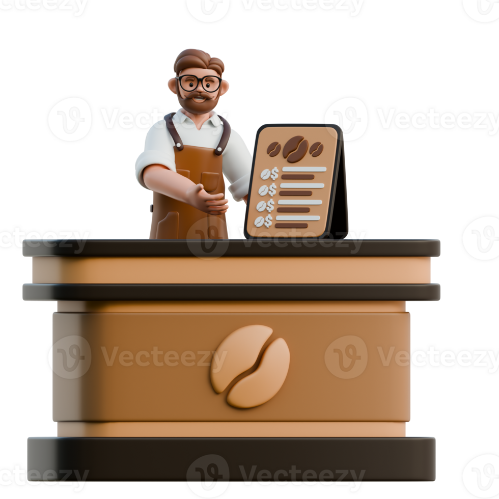 3D Barista Character at Coffee Shop Counter png