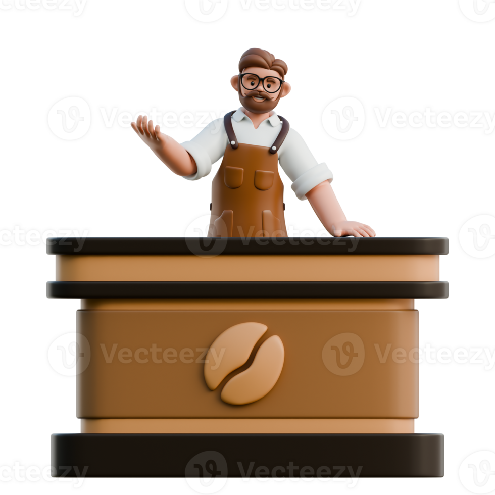 3D Barista Character Welcoming at Coffee Counter png