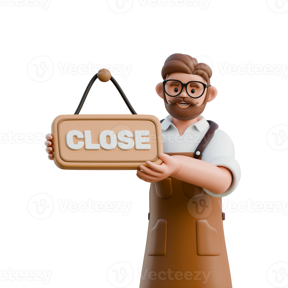 3D Store Owner Holding Closed Sign png
